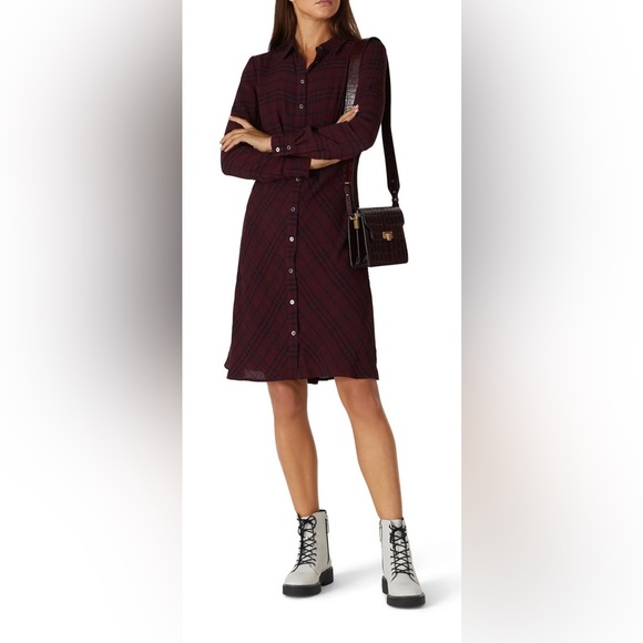 Thakoon Collective Burgundy & Navy Crinkled Plaid Shirt Dress - Picture 1 of 5